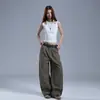 YECHUAN#Marca Americana Retro Moderna Calça Casual Faca Curva Cor Sólida Design de Pregas Duplas Caimento Solto Perna Reta Perna Larga Calças