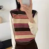 Elegante colete de tricô listrado com gola redonda estilo retrô para mulheres, adequado para primavera e outono, usado como peça externa, colete suéter sem mangas, cardigã ou top