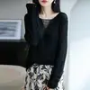 26 Verão Novo Tricô de Linho Tencel Ponto Jersey Ponto Relevo Gola V Manga Longa Feminino Cor Sólida Solto Camada Base Top