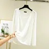 Camiseta Feminina de Algodão Modal Fina com Gola Redonda Estilo Coreano, Manga Longa, Tamanho Grande, Camada Base, Lançamento Outono Inicial, Top Solto Cor Sólida