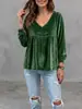Moda europea y americana transfronteriza: Nueva colección de otoño 2026 de ropa para mujer - Top/camisa de manga larga, cuello en V, con ribete de encaje, de terciopelo, casual, corte holgado