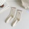 Calcetines de encaje con lazo para mujer, bordados, de media caña, estilo japonés, estilo universitario, con borde de oreja y apilados.