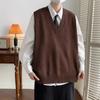 Chaleco de lana marrón con cuello en V para hombre de primavera y otoño, suéter casual holgado sin mangas de marca de moda ins, suéter de moda coreana