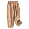 Pantalones Harlan de algodón y lino con bordados y encaje artístico para mujer, hasta el tobillo, holgados e informales, de verano
