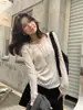 Camiseta Feminina Manga Longa Ruffle Cadarço Estilo Preguiçoso Novo Outono Limão Chá Verde Afinando Temperamento Top Fino