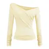 Camiseta Cinza Estilo Coreano Pura Desejo Ombro Caído Manga Longa para Mulheres no Início do Outono Hot Girl Decote V Cruzado Cintura Fina Top Curto