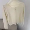 Cardigã Redondo de Lã Estilo Coreano Doce e Gentil Fio Especial Gola Redonda Botão de Concha Barra com Fenda Top Tricô Transfronteiriço