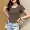 Camiseta Feminina de Manga Curta Modal Gelo Preto Verão Versátil Bainha Curva Ajustada na Cintura Top Curto Irregular