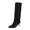 Botas de jinete de tacón alto para mujer en piel de vacuno, nuevo estilo otoño e invierno, punta fina, tacón de aguja, botas rectas hasta la rodilla