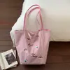Bolso de Lona Nuevo Bordado de Perrito Cereza, Bolso de Hombro Rayado Doble Cara Simple y Versátil, Bolso Tote de Moda de Nicho para Mujeres