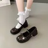 Sapatos Mary Jane Retrô de Salto Grosso para Mulheres 2024 Novo Estilo Laço Sapatos de Salto Único JK Japonês Tira Preta Sapatos de Couro