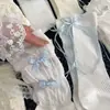 Calcetines Finos Estilo Coreano para Primavera y Verano, Calcetines de Malla Color Crema Holgados con Lazo, Cintas Laterales y Calcetines de Media Pantorrilla Calados en Forma de Corazón