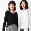 Suéter fino de cuello redondo y escote en V con volantes de color liso para mujer, suéter holgado que combina con todo, camisa con hombros caídos y suéter fino para primavera y otoño