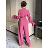 Moda europea y americana transfronteriza para mujer 2025 primavera/otoño elegante mono de color liso con mangas largas acampanadas y cuello redondo de pierna ancha