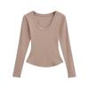 Camiseta de Manga Longa com Cintura de Ampulheta Estilo Americano Outono 2025 para Mulheres, Cor Sólida Slim Fit Gola V Camiseta Base Top