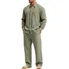 Conjunto de camisa de lino de manga larga simple para hombre, informal, para casa, para ir al trabajo, para vacaciones, estilo europeo y americano, transfronterizo, otoño, corte holgado, venta al por mayor
