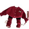 Ropa Infantil Estilo Coreano 2026 Nuevo Invierno Conjunto para Niñas: Cárdigan Rojo, Calcetines Apilados y Leggings Forrados de Polar