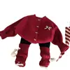 Ropa Infantil Estilo Coreano 2026 Nuevo Invierno Conjunto para Niñas: Cárdigan Rojo, Calcetines Apilados y Leggings Forrados de Polar