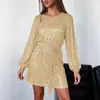 Vestido de Fiesta Nuevo de Primavera Versátil con Lentejuelas y Brillo, Cuello Diagonal y Estampado Dorado en Estilo Europeo y Americano para Mujer