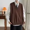 Chaleco de Lana Marrón con Cuello en V para Primavera y Otoño para Hombre Marca Trendy Ins Suelto Casual Sin Mangas Tejido Estilo Coreano Tejido Trendy