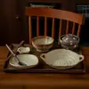 Conjunto de louça de cerâmica rústica estilo japonês para uma pessoa, com uma combinação retrô de tigela e prato, adequado para uso doméstico, incluindo tigelas de arroz, tigelas de sopa e pratos para condimentos de cerâmica, disponível para atacado