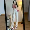 Jeans Off-white de Cintura Alta com Barra Larga Feminino Outono Solto Reta Branco Calças com Caimento Outono e Inverno