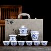 Conjunto de Chá de Jade Mutton Fat Azul e Branco Bule Doméstico Luxo Acessível High-End Chinoiserie Flores Florescentes Conjunto de Chá Kung Fu Caixa de Presente