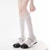 Meias de Cano Médio com Renda Branca Estilo Lolita Ballet Finas Vazadas com Babados Meias JK para Meninas de Cano Médio