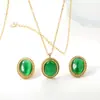 Pendientes y Collar con Piedra Ojo de Gato Ovalada Minimalista de Tendencia Europea y Americana Acero Inoxidable Juego de Joyería de Alta Gama Venta al por Mayor