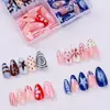 Uñas postizas de estilo europeo y americano de 96 piezas con lunares y rayas de colores contrastantes, piezas de uñas de forma almendrada de longitud media-larga, parches de uñas de moda francesa