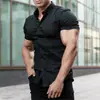 Camisa de Manga Corta con Solapa Madura Transfronteriza Elástica Color Sólido Cardigan Casual Diario Camisa de Negocios sin Planchar