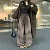 Pantalones Casuales de Rayas Color-Block de Estilo Americano, Elásticos de Cintura Alta de Pierna Ancha para Mujer, Pantalones Largos Holgados de Estilo Perezoso para Otoño e Invierno