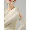 Suéter feminino de alta qualidade em fio Yangzi, sem costura, com textura de lã, corte slim, para outono e inverno, gola redonda, em camadas, base, na cor cinza