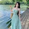 Vestido con Tirantes Floral Verde Fresco Estilo Francés Diseño para Mujer Cintura Delgada Vestido Largo para Vacaciones en la Costa