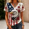 Fabricante Direto Roupas Femininas Transfronteiriças EUA 250ª Camiseta com Estampa Digital Decote V Dia da Independência Estrelas e Águias