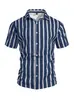 Ropa de Hombre Transfronteriza Europea y Americana Amazon Verano Nuevo Estilo Solapa Rayas Vacaciones Camisa de Manga Corta Camiseta de Manga Corta de Playa para Hombre