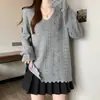 Suéter de Punto para Mujer Talla Grande Primavera Nuevo Estilo Sencillo Cuello en V con Patrón Floral Sutil y Dobladillo Ondulado Manga Larga