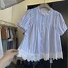 Gongyu Weng Estilo Coreano Sentido del Diseño Raya Azul Puntada Encaje Plisado Camisa de Manga Corta Verano Nuevo Top Elegante Versátil