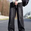 Pantalones Vaqueros con Salpicaduras de Tinta Japonesa Verano 2026 para Hombre Estilo Delgado Marca de Moda High Street Cintura Elástica Pierna Ancha Tejidos con Cordón Pantalones Casuales
