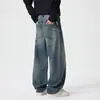 Jeans retro americanos de corte curvo azul lavado desgastado para hombre, nuevo estilo de otoño, pantalones rectos holgados de pierna ancha