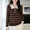 Camisa Polo de Punto Rayada para Mujer Diseño Bloque de Color Base Suelta Superior Ropa Interior para Otoño/Invierno Nuevo Estilo para el Trabajo Moda