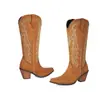 Botas altas, botas de vaquero western bordadas retro para mujer, nuevo estilo europeo y americano 2026, punta cuadrada pequeña, tacón grueso, botas de moda, disponibles en AliExpress