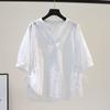 Verano Nuevo Estilo 2025 Estilo Coreano Moda Holgado Talla Grande Aspecto Adelgazante de Cintura Camisa Dulce Reductora de Edad Manga Cinco Cuartos Top para Mujeres