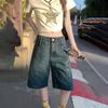 Jeans de Cinco Puntos de Pierna Ancha de Moda de la Calle Alta Americana # para Mujer, Sueltos, Adelgazantes, Altos, Personalizados, Pantalones Rectos Versátiles