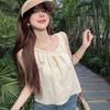 Camisola Francesa Fresca Sem Mangas com Cordões Doce Temperamento Verão Nova Design Solto Emagrecedor Top Curto