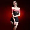 Traje de baño Zhixin "Hombros Fragantes" sexy de encaje sin tirantes de un solo hombro tipo triángulo, body transparente sedoso brillante con medias