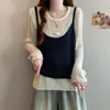 Foto real da loja: Conjunto de duas peças: top de malha de manga longa com blocos de cor, tamanho grande, estilo casual, para o Outono/Inverno 2026 + camisola