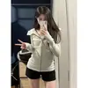 [Pronta Entrega em Nossa Própria Fábrica] Jaqueta com Capuz de Cintura Fina com Zíper de Fivela para Dedo Cardigan Moletom Feminino