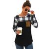 Camiseta de manga larga con bolsillo y cuello redondo con costuras a cuadros para mujer, primavera y verano, 2021