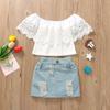 Comércio Exterior Roupas Infantis Verão Meninas Pulôver de Um Ombro com Detalhe em Renda Saia Jeans Conjunto de Duas Peças Roupa de Verão para Meninas